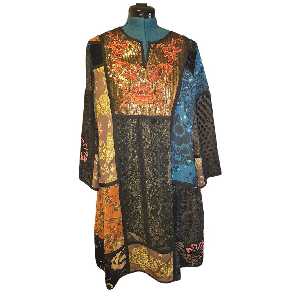 Soft Surroundings Adassa Patchwork Velvet Sequin Tunic Sz L Beautiful Sheer